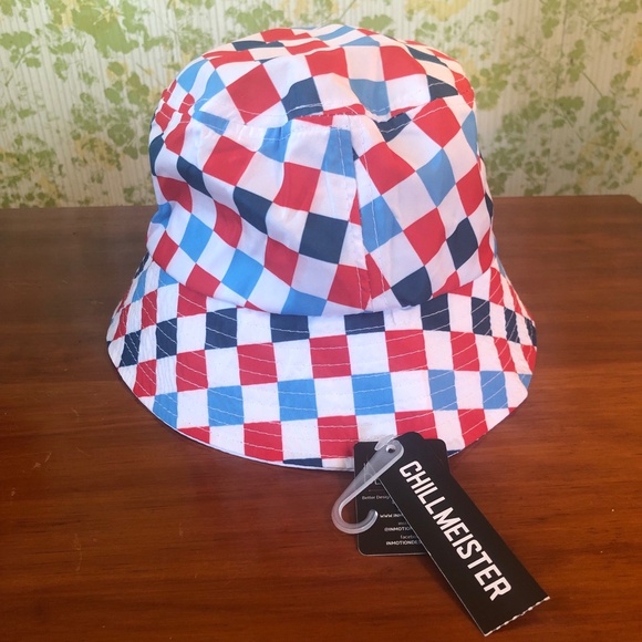 Chillmeister Hat One Size‎ Red White Blue Checkered Americana Bucket Stretchy - Picture 2 of 11